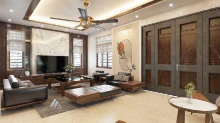 thiết kế nội thất phòng khách gỗ óc chó Biệt thự phường Dữu Lâu, Thành phố Việt Trì, Tỉnh Phú Thọ