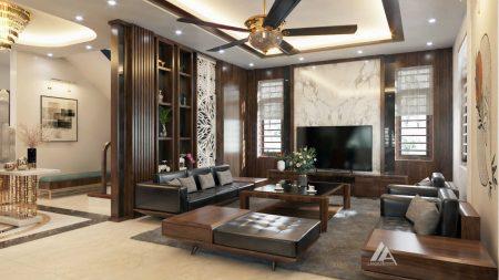 thiết kế nội thất phòng khách gỗ óc chó Biệt thự phường Dữu Lâu, Thành phố Việt Trì, Tỉnh Phú Thọ