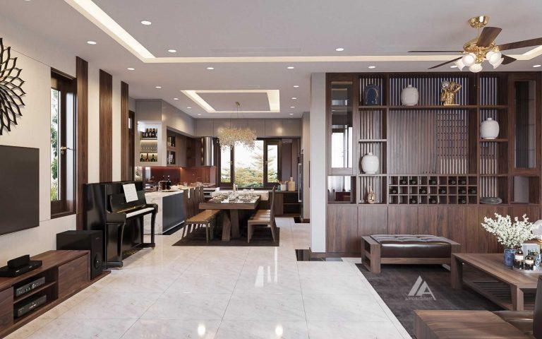 thiết kế và thi công nội thất phòng khách gỗ óc chó - biệt thự Văn Phú -Hà Đông -Hà Nội