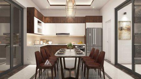 Thiết kế nội thất phòng bếp gỗ óc chó tại nhà liền kề Vincom-Phường Quyết Thắng-thành phố Sơn La