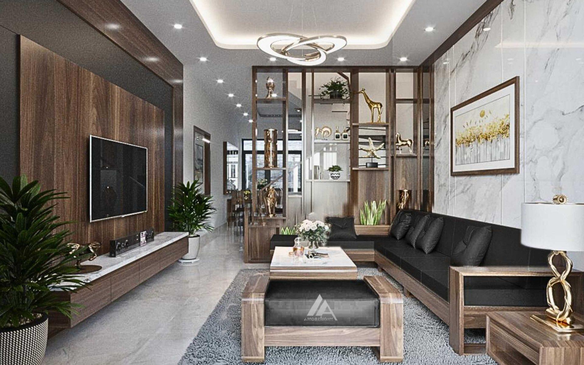 Thiết kế nội thất phòng khách gỗ óc chó nhà Anh Thảo, Bãi Cháy, Hạ Long, Quảng Ninh