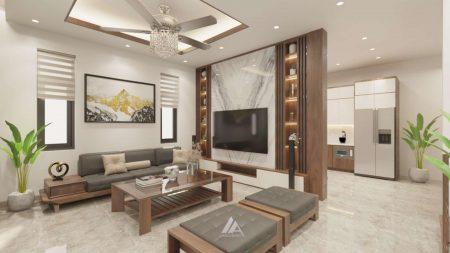 Thiết kế nội thất phòng khách gỗ Sồi Mỹ sơn inchem nhà Anh Tân, phường Tô Hiệu, Thành phố Sơn La