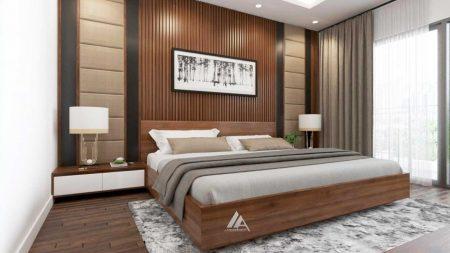 Thiết kế nội thất phòng ngủ gỗ óc chó hiện đại tại nhà liền kề Vincom-Phường Quyết Thắng-thành phố Sơn La