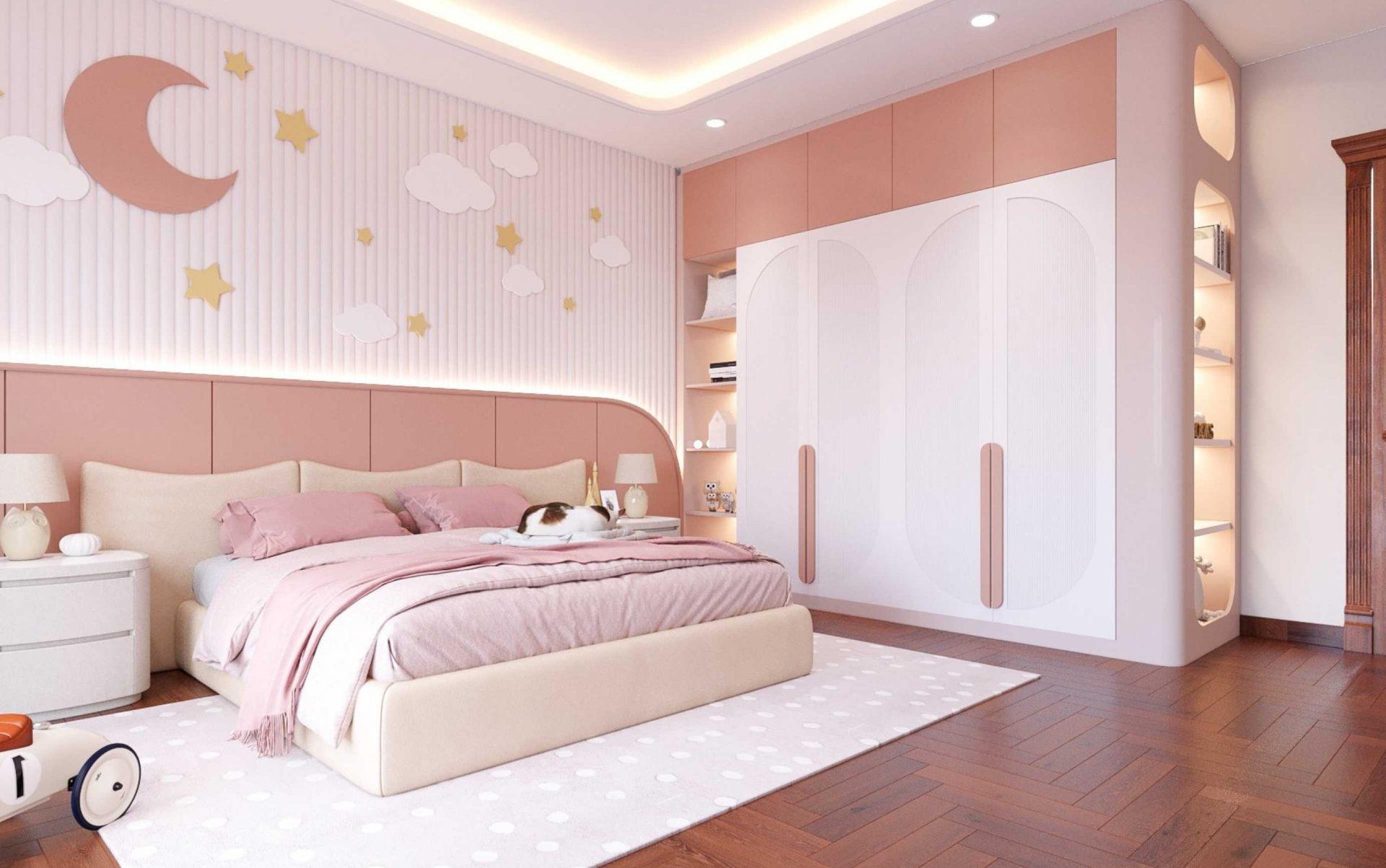 Thiết kế và thi công nội thất phòng ngủ gỗ an Cường màu hồng biệt thự Anh Huy, Ngô Quyền, Bắc Giang