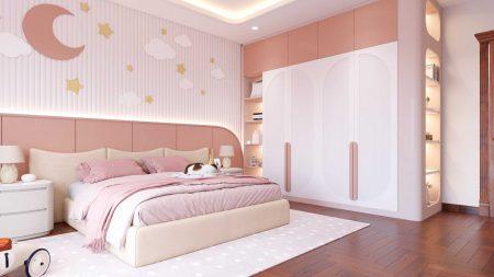 Thiết kế và thi công nội thất phòng ngủ gỗ an Cường màu hồng biệt thự Anh Huy, Ngô Quyền, Bắc Giang