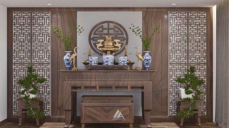 Thiết kế nội thất phòng thờ gỗ óc chó sơn inchem nhà Anh Tân, phường Tô Hiệu, Thành phố Sơn La