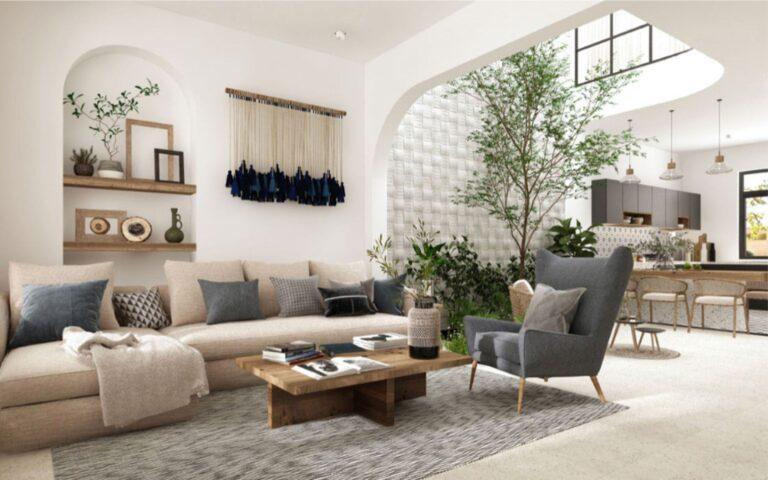 Thiết kế nội thất phòng khách thông tầng phong cách Địa Trung Hải thể hiện nét đẹp của sự phóng khoáng mà sang trọng